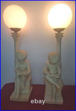 Rare Vintage Pair Alabaster Agter Antonio Canova Children Reading Writing Lamps