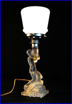 Rare art deco Walther & Sohne moulded satin glass Nude sea-siren figural lamp