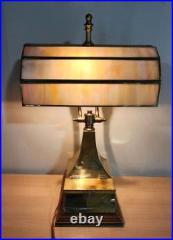 Rare vintage Du Vonn slag glass and brass banker lamp with lined compartment