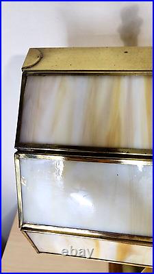 Rare vintage Du Vonn slag glass and brass banker lamp with lined compartment