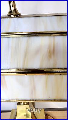 Rare vintage Du Vonn slag glass and brass banker lamp with lined compartment