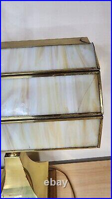 Rare vintage Du Vonn slag glass and brass banker lamp with lined compartment