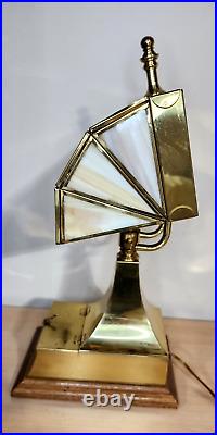 Rare vintage Du Vonn slag glass and brass banker lamp with lined compartment