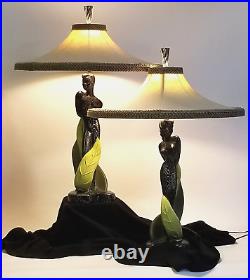 Reglor 1951 MCM Art Deco Lamps Black Woman Man Chalkware Shades Finials RARE