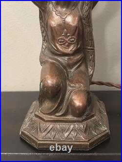 Restored 1920s Art Deco Joan of Arc Table Lamp 17 w Satin Vaseline Flame Shade