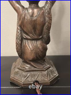 Restored 1920s Art Deco Joan of Arc Table Lamp 17 w Satin Vaseline Flame Shade