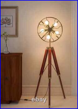Room Lighting Brass Fan Style Light Adjustable Wooden Tripod Floor Corner Lamps