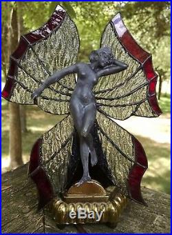 STUNNING! VINTAGE ART DECO STAINED GLASS BUTTERFLY NUDE LAMP Leaded stain glass