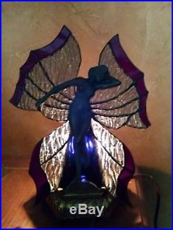 STUNNING! VINTAGE ART DECO STAINED GLASS BUTTERFLY NUDE LAMP Leaded stain glass