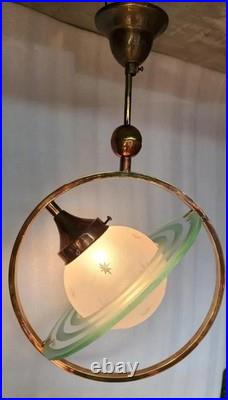 Saturn Brass Ceiling Pendant Light Frosted Star Globe Celestial Art Deco Lamp