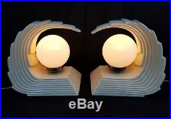 Sculptured Wave Ceramic Table Lamps Opalescent White Hollywood Regency Art Deco