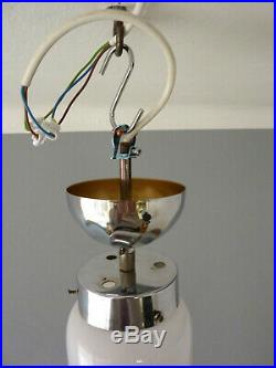 Seltene Art Deco Klar & Milch-Glas Nickel/Chrom Pendel Deckenlampe Bauhaus Ära