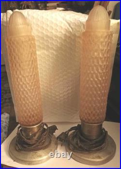 Set Of 2 Pink Glass Art Deco Torpedo Bullet Skyscraper Table Lamps Need Rewired