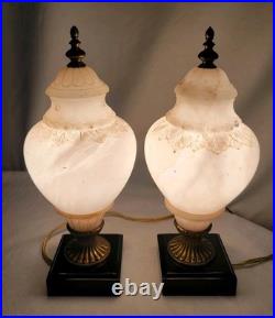 Set Of 2 VTG ALABASTER Carved Brass Art Deco Urn 10 Glow Table Lamps