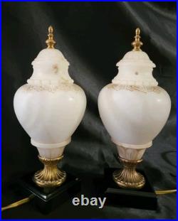 Set Of 2 VTG ALABASTER Carved Brass Art Deco Urn 10 Glow Table Lamps