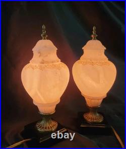 Set Of 2 VTG ALABASTER Carved Brass Art Deco Urn 10 Glow Table Lamps