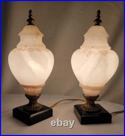 Set Of 2 VTG ALABASTER Carved Brass Art Deco Urn 10 Glow Table Lamps