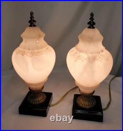 Set Of 2 VTG ALABASTER Carved Brass Art Deco Urn 10 Glow Table Lamps