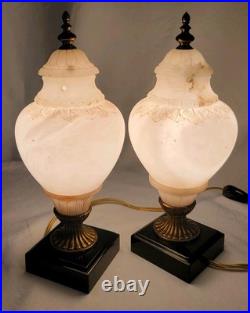 Set Of 2 VTG ALABASTER Carved Brass Art Deco Urn 10 Glow Table Lamps