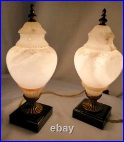 Set Of 2 VTG ALABASTER Carved Brass Art Deco Urn 10 Glow Table Lamps