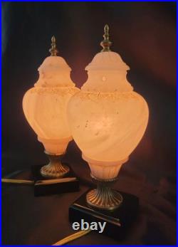 Set Of 2 VTG ALABASTER Carved Brass Art Deco Urn 10 Glow Table Lamps
