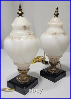 Set Of 2 VTG ALABASTER Carved Brass Art Deco Urn 10 Glow Table Lamps