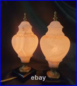 Set Of 2 VTG ALABASTER Carved Brass Art Deco Urn 10 Glow Table Lamps
