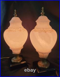 Set Of 2 VTG ALABASTER Carved Brass Art Deco Urn 10 Glow Table Lamps
