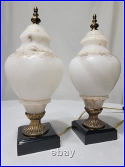 Set Of 2 VTG ALABASTER Carved Brass Art Deco Urn 10 Glow Table Lamps