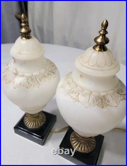 Set Of 2 VTG ALABASTER Carved Brass Art Deco Urn 10 Glow Table Lamps