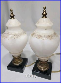 Set Of 2 VTG ALABASTER Carved Brass Art Deco Urn 10 Glow Table Lamps