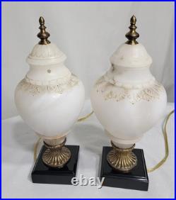 Set Of 2 VTG ALABASTER Carved Brass Art Deco Urn 10 Glow Table Lamps