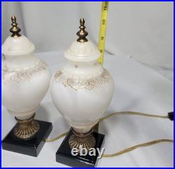 Set Of 2 VTG ALABASTER Carved Brass Art Deco Urn 10 Glow Table Lamps