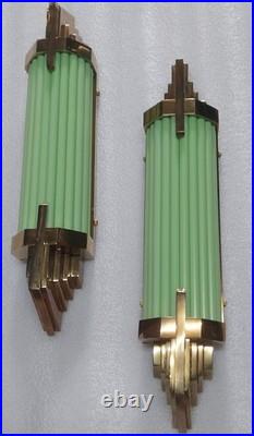 Set of 1 Antique Vintage Art Deco Brass Green Glass Wall Sconce Lamp