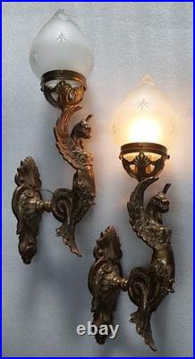 Set of 1 Vintage Art Deco Nouveau Brass Mermaid Wall Sconce Light Fixture Lamp