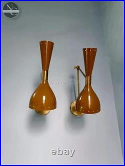 Set of 2 Metal Wall Sconce Mid Century 1950's Italian Light Brass Stilnovo Lamp