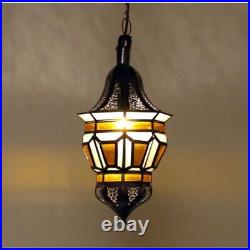 Set of 2 Vintage Art Deco Arabic Style Hanging Pendant Lamp with Stained Glass