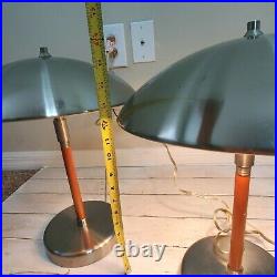 Set of 2 Vintage Mushroom Dome Wood Brushed Metal Table Lamp Silver Art Deco 13