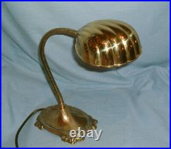 Small Art Deco Brass Gooseneck Desk / Table Lamp With Clam Shell Shade