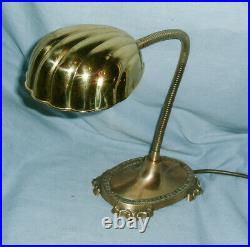 Small Art Deco Brass Gooseneck Desk / Table Lamp With Clam Shell Shade