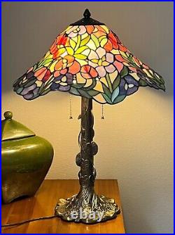 Stained Glass Tiffany Style Lamp, Art Nouveau, Art Deco, MCM, 2 Light Chain Pull