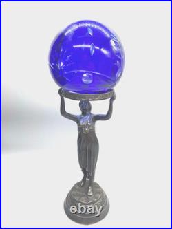 Stunning Art Deco Nymph Lamp Base with5 Hand-Cut Romanian Cobalt Crystal Globe