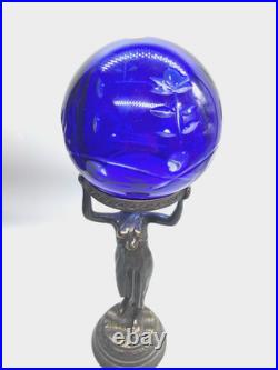 Stunning Art Deco Nymph Lamp Base with5 Hand-Cut Romanian Cobalt Crystal Globe