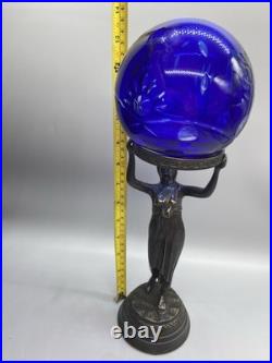 Stunning Art Deco Nymph Lamp Base with5 Hand-Cut Romanian Cobalt Crystal Globe