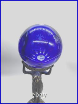 Stunning Art Deco Nymph Lamp Base with5 Hand-Cut Romanian Cobalt Crystal Globe