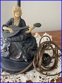 Super Rare Art Deco Figural Metal Plastic And Marble Lamp Woman Lute Music Theme