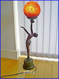 Superb Art Deco Style Bronze Effect Semi-nude Lady/french Glass Shade Table Lamp