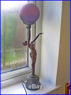 Superb Art Deco Style Bronze Effect Semi-nude Lady/french Glass Shade Table Lamp