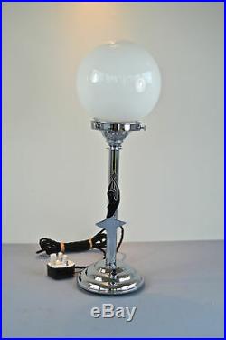 Superb Art Deco table lamp Chrome lady dancer with opaline shade side light