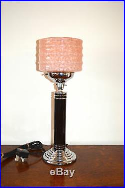 Superb Art Deco table lamp Chrome with mottled peach ribbed glass shade c. 1920